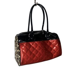 Lux de Ville Glitter Red & Black Medium Tote With Leopard Purse Bag Vinyl Patent